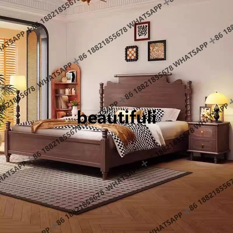 

Vintage Bed Double Bed Minimalist Master Bedroom Black Storage Solid Wood Bed