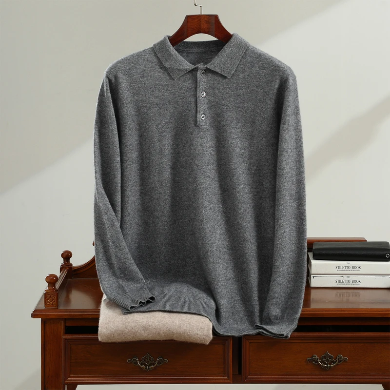 Roupas de outono e inverno 100% suéter de caxemira pura masculino gola polo suéter lapela de negócios camisa de fundo de malha quente