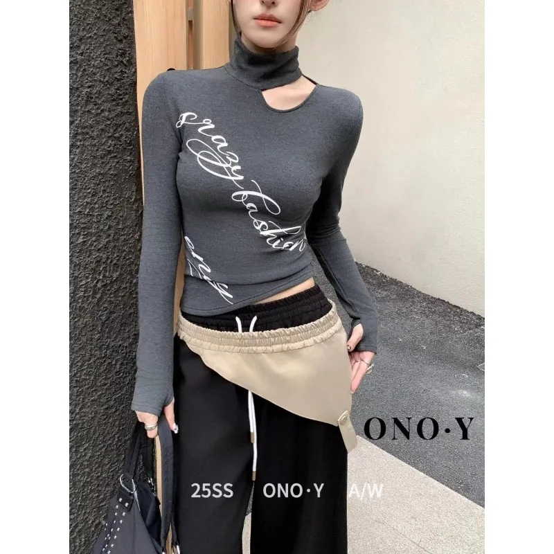 

Осенне-зимняя матовая футболка в корейском стиле с полым буквенным принтом и длинными рукавами, женский облегающий топ