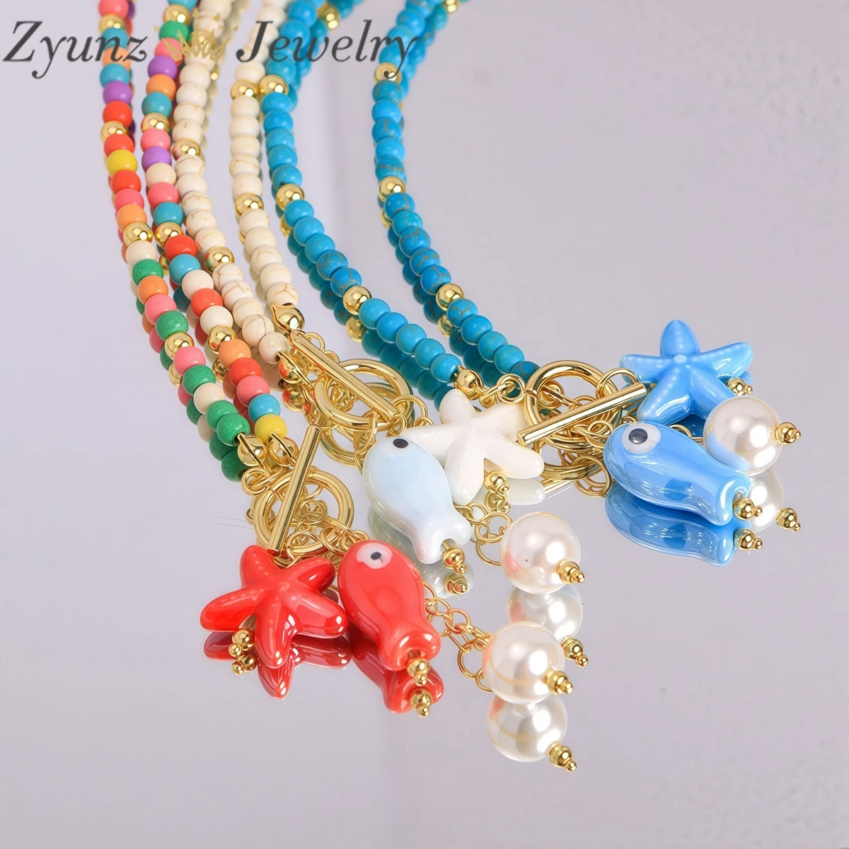 

5Pcs, Sea-inspired Charming Pendant Necklace with Artificial Turquoise Chain Ceramic Fish & Faux Pearl Starfish Charms Jewelry