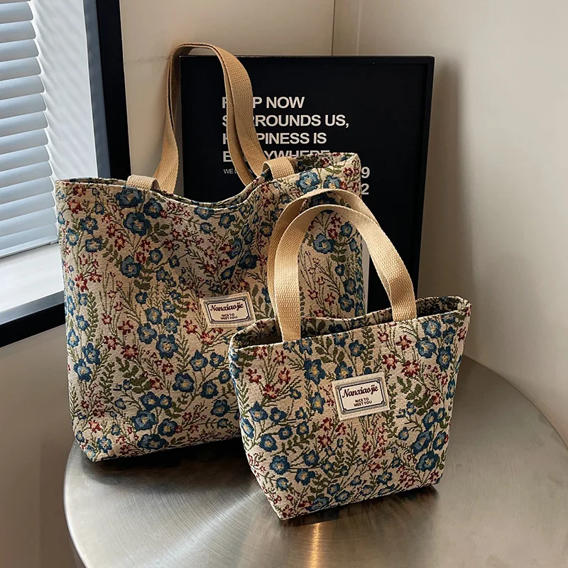 

Large Capacity Floral Canvas Bag, Fashionable Versatile Shoulder Handbag Ins Student Class Bag Female