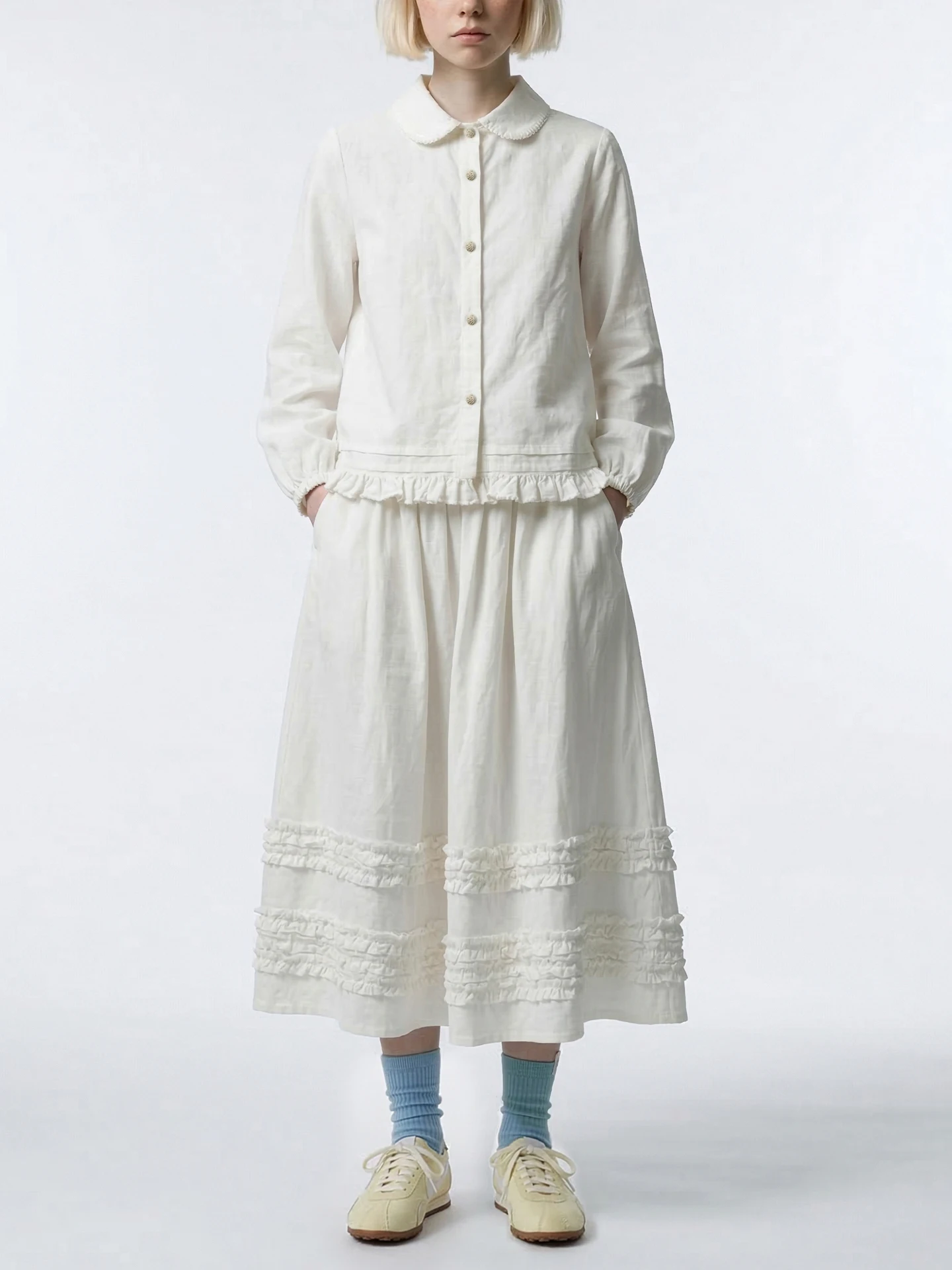 

Юбка imakokoni 2026 Spring Forest White средней длины, универсальная, с художественными оборками, модель 265387