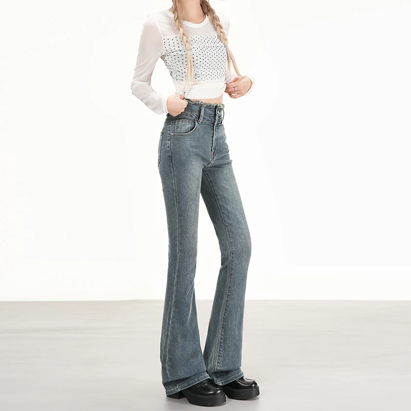 Y2K المتعثرة هيم متوهج الجينز المرأة خمر الدنيم قيعان منحنى الاغراء العصرية السراويل المألوف خمر نمط