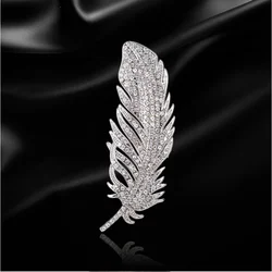 Elegant Silver Color Crystal Feather Brooches For Women Luxury Rhinestone Alloy Plant Brooch Lady Party Safety Pins Jewelry Gift