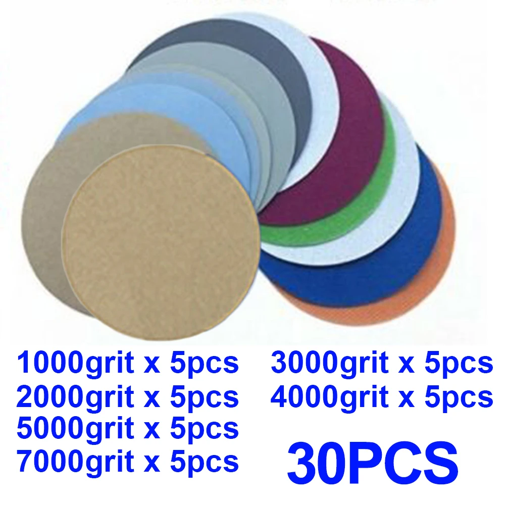 30pcs Silicon Carbide Sanding discs Waterproof 1000/2000/3000/4000/5000/7000 Grit Back Flocking Sanding Paper Tool Water Sand