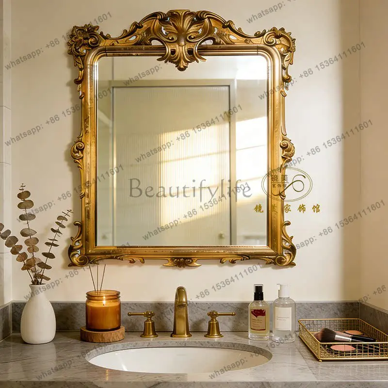 

French vintage carved wall hanging hallway decorative mirror home bathroom light luxury makeup mirror