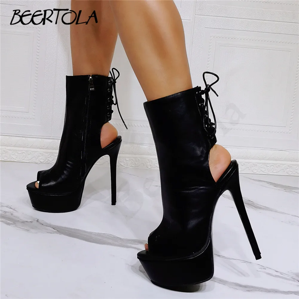 Women's Black Open Toe Boots Stiletto Heels Open Toe High Platform Side Zipper Sandals Back Straps Sexy Large Size Boots