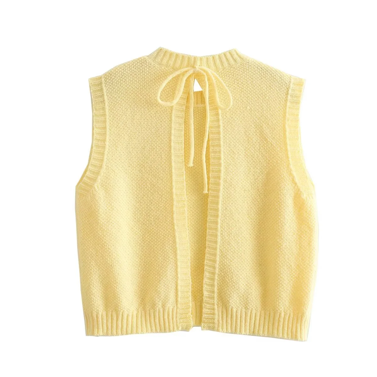 TRAF 2024 Spring Woman\'s Solid Sleeveless Pullover Sweaters Lace Up Backless Yellow Casual Loose Knitted Cropped Tops Casaco