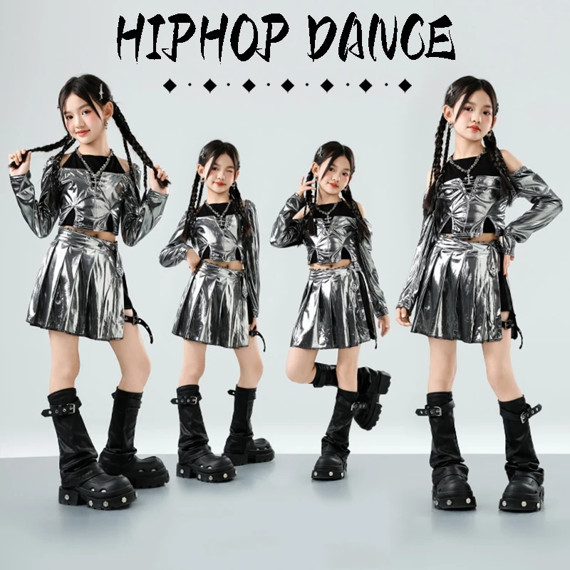 

Glossy Silver Jazz Dance Costume Girls Kpop Long SLeeves Crop Tops Skirt Cheerleading Dance Performance Clothes Children BL18269