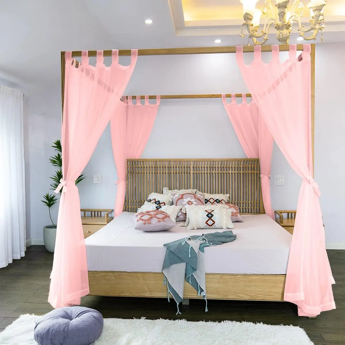 Linentalks Sheer Canopy Bed Curtains For King, Queen, Full And Twin Bed, 4 Corner Bed Canopies & Drapes, Four Poster Bed Canopy