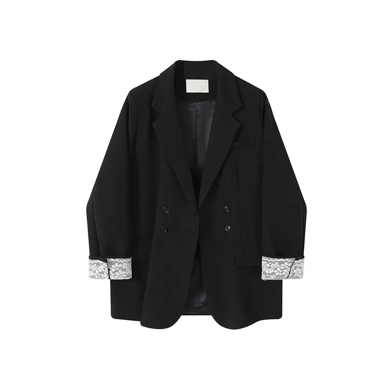 Casual Suit Jacket Women's New Loose Lace Patchwork Long Sleeve Double-breasted Design Tops Office Lady Coat Spring and Autumn