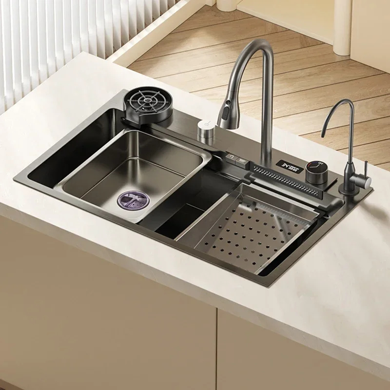 Kitchen Accessories Digital Waterfall Sink Kitchen Sink Stainless Steel Dishwashing Basin Multi-Function Large Single Tank