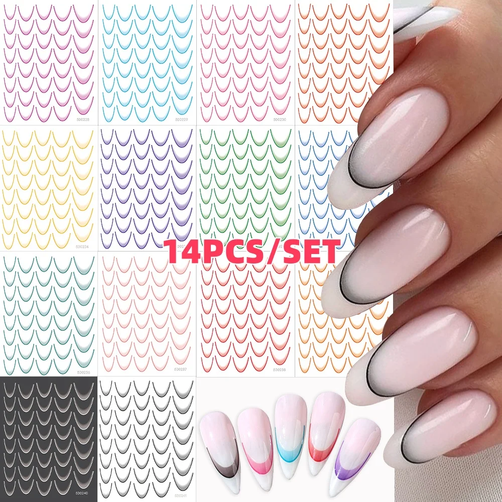 14Sheets French Gradient Line Nail Art Stickers Neon Stripe Lines Bend Self-Adhesive Nail Decals Gradient Lines Nail Decoration