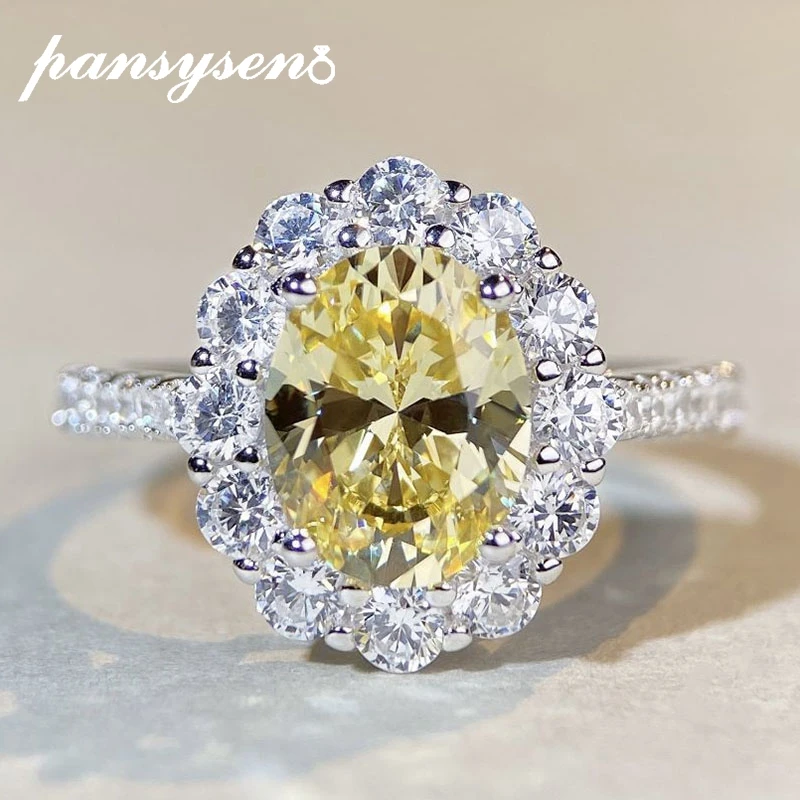 PANSYSEN Classic 925 Sterling Silver Oval Cut Blue Sapphire Citrine High Carbon Diamond Rings for Women Man Party Jewelry Gifts