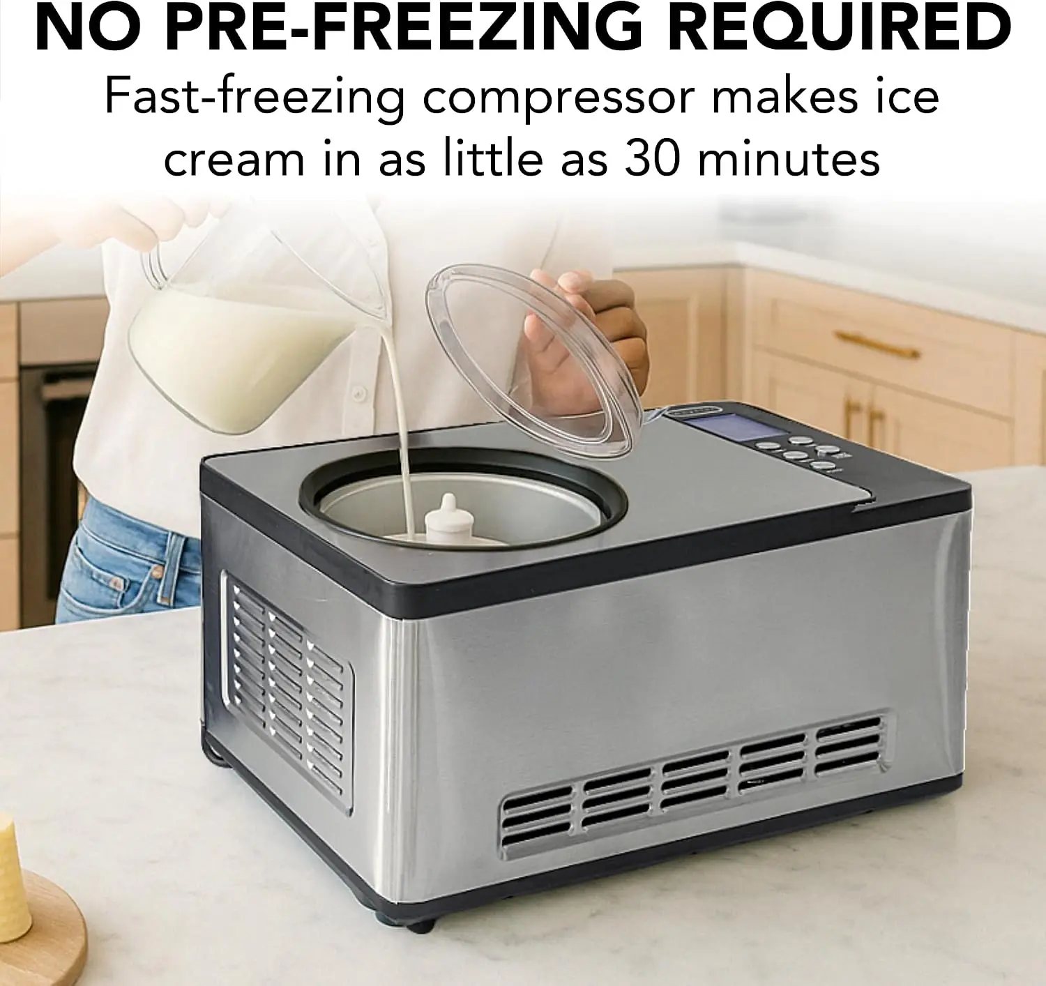 Automatic 2.1 Qt Ice Cream Maker Built In Compressor ICM 200LS No Pre Freezing LCD Display Timer Fresh Homemade Frozen Treats Tr