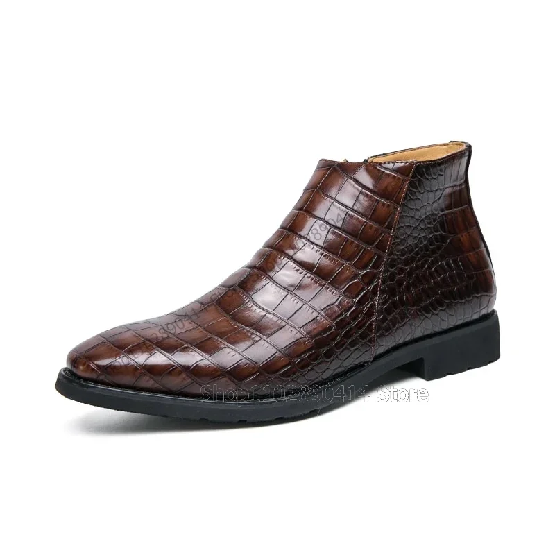Black Brown Crocodile Print Square Toe Ankle Boots Fashion Side Zipper Men Boots Luxurious Handmade Party Office Men Dress Shoes - view 3
