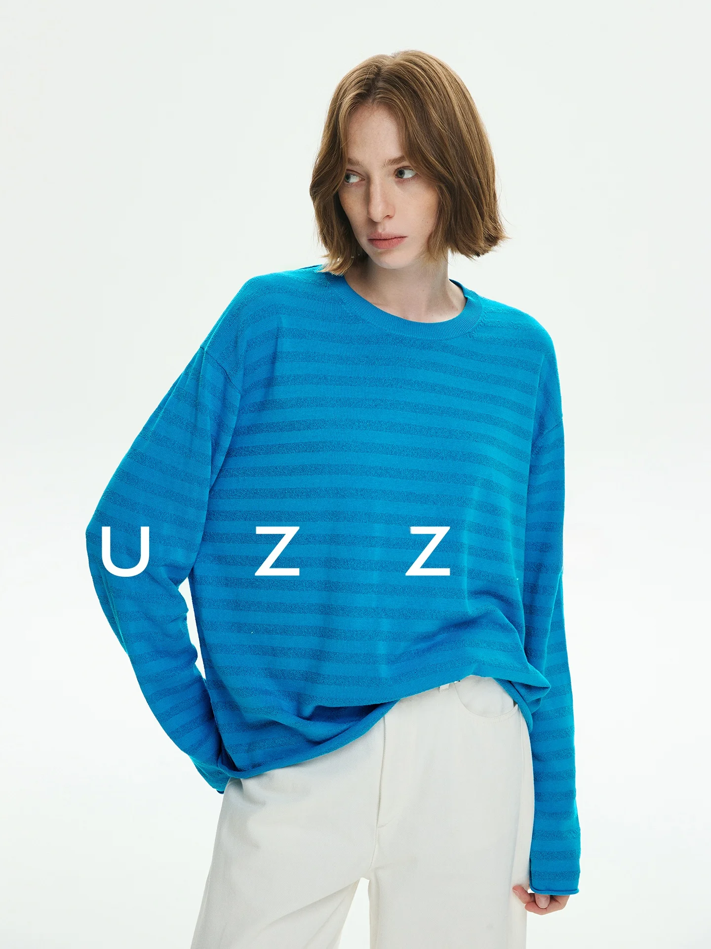 

UZZO Casual Loose Fit Long Sve round Ne Knitted Sweater Silk Blend Breathable Comfortable Skin-Friendly Color Blo Stri...