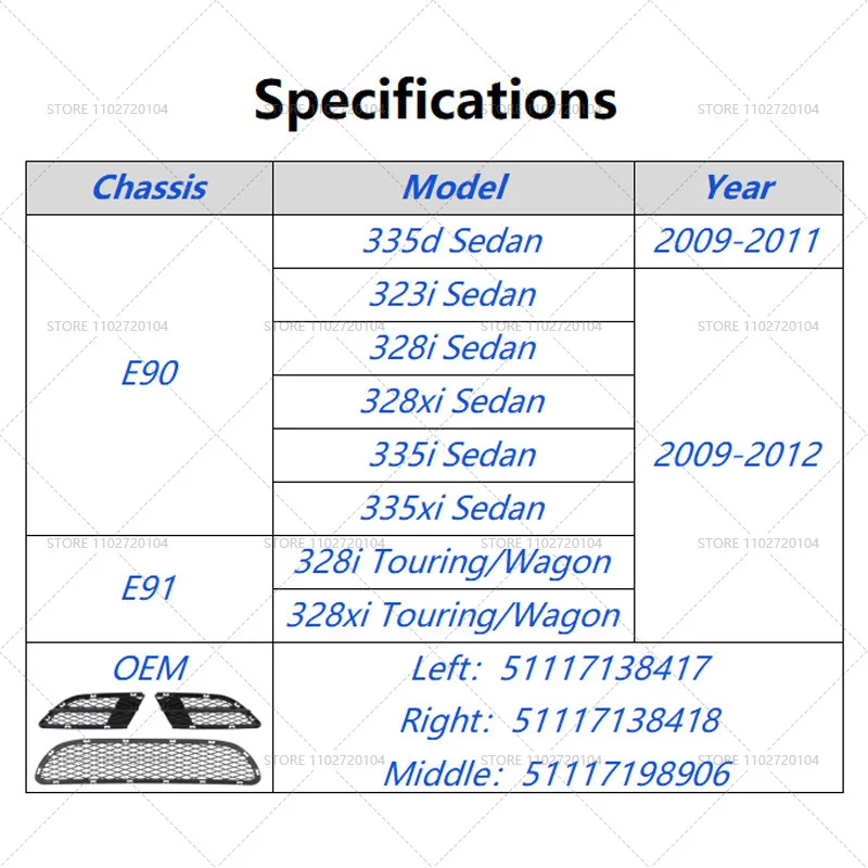 ل 2009-2012 E90 E91 BMW 323i 328i 328xi 335d 335i 335xi المصد الأمامي مصبغة تقليم شبكة 51117138417 51117138418 51117198906