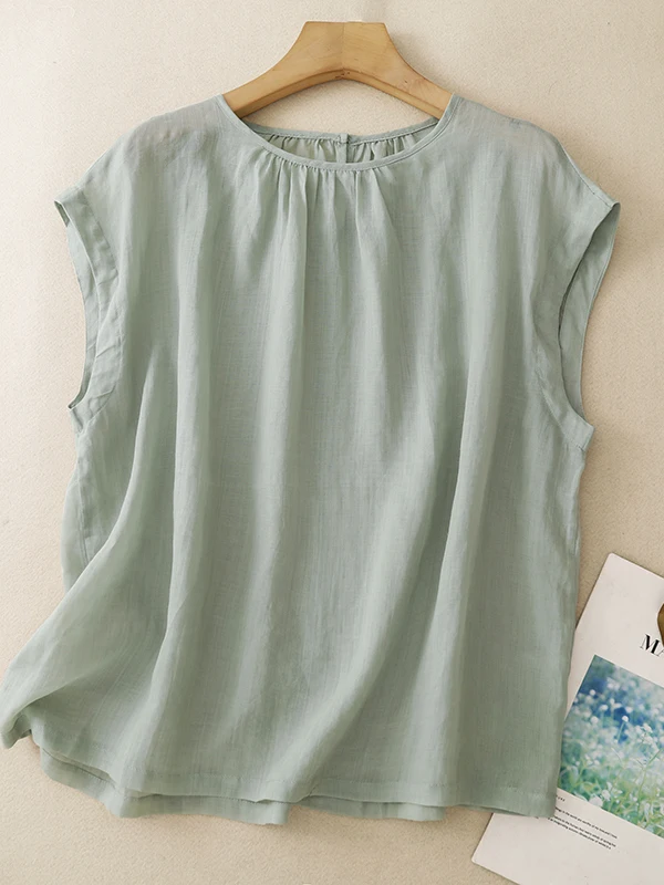 Casual Style Cotton Linen Sleeveless Top Women's Summer Loose Fit Breathable Thin Material Crew Neck T-Shirt Dream Qing Sha Po
