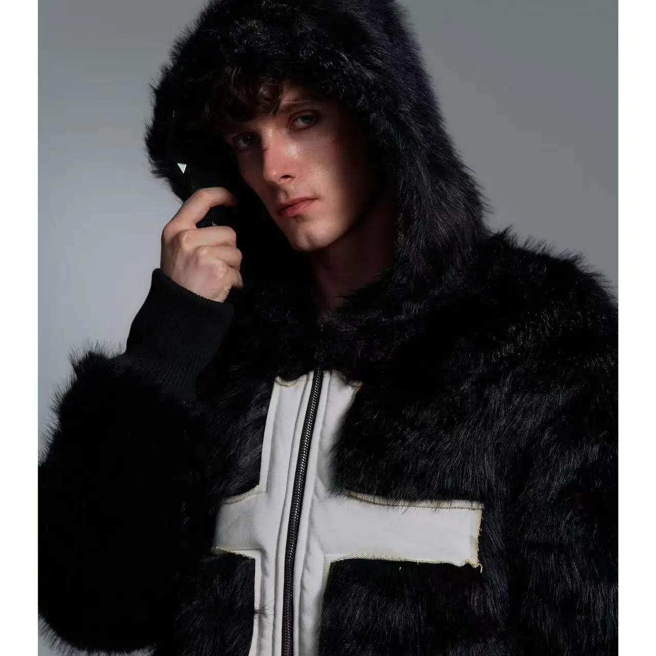 Casaco masculino elegante com capuz cruzado, casaco de inverno de pele artificial resistente ao frio de pelúcia casual moda y2k preto tops overwear masculino