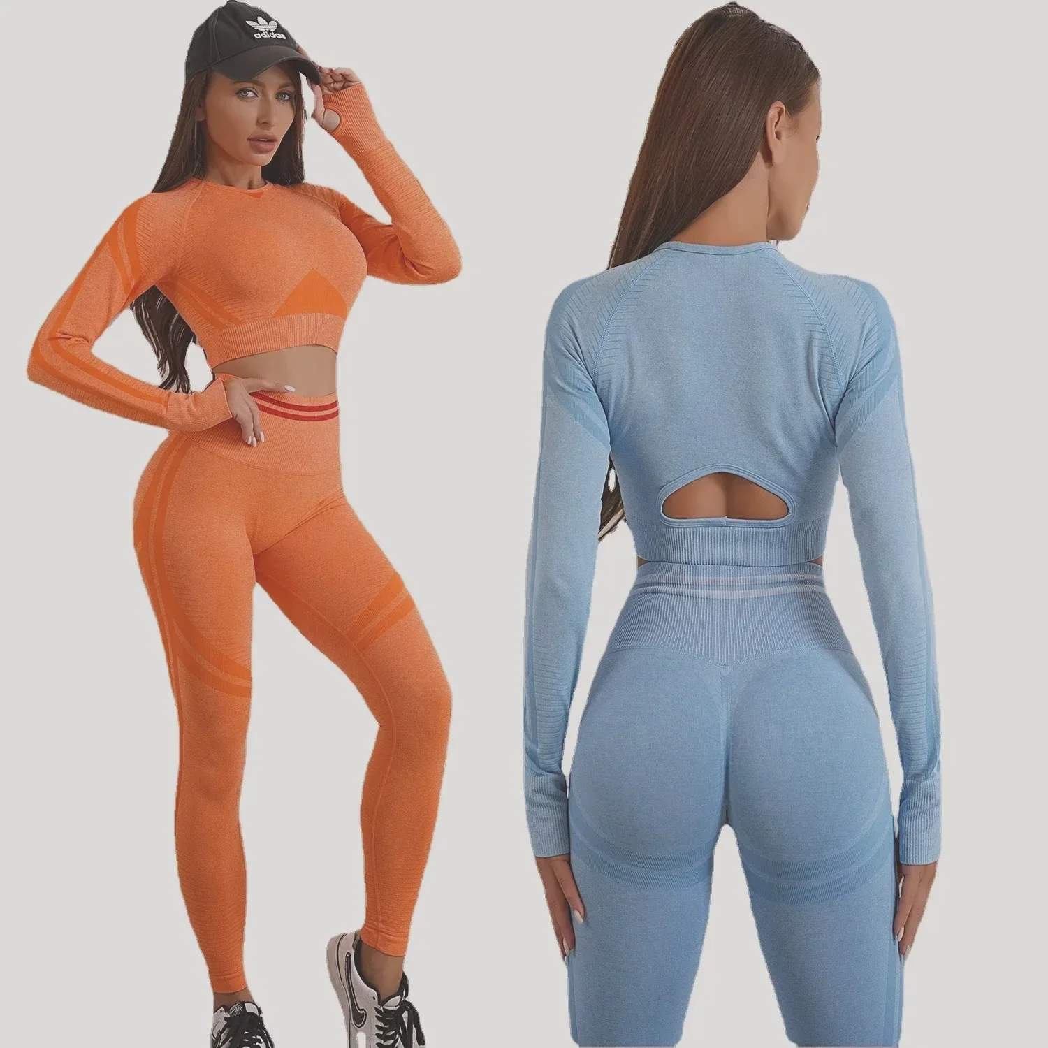 

Seamless Yoga Sets Sports Fitness High Waist Hip Raise Pants Long-Sleeved Backless Suit Workout Clothes Gym Shorts Set for Women