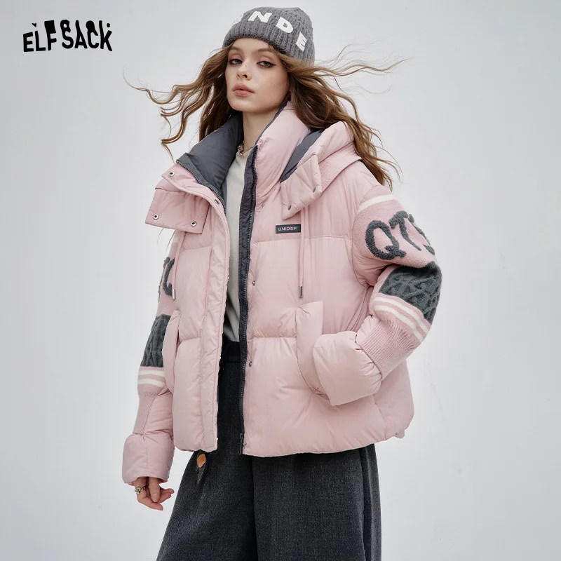 ELFSACK 2025 Winter New Arrivals Casual Preppy Layered Collar Knitted Patchwork Sleeves Mid Length Down Jacket For Woman