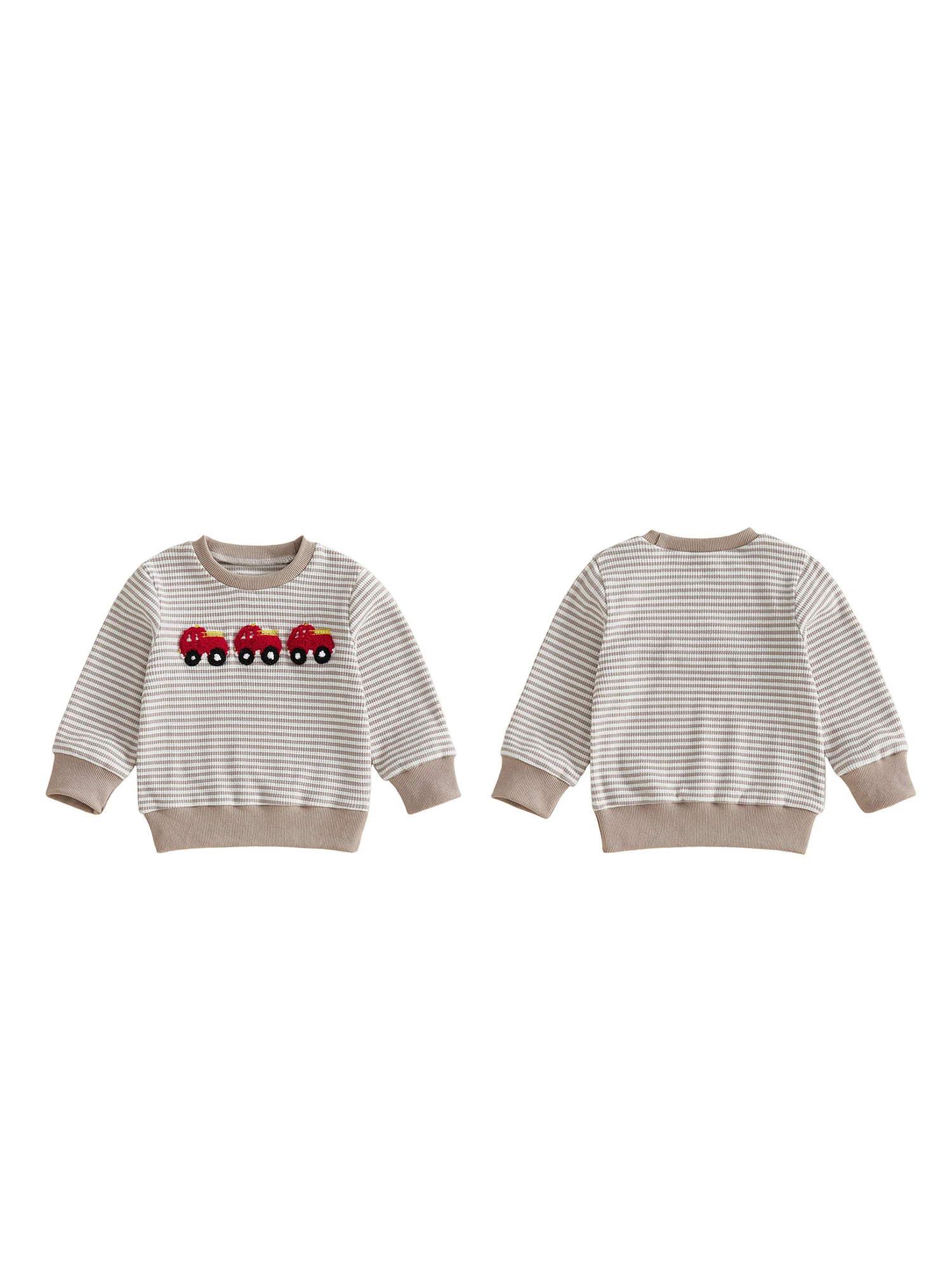 Striped Waffle Fire-Truck Boy Striped Neck Striped Embroidery Crew Truck Embroidery Boy Striped Waffle Professional