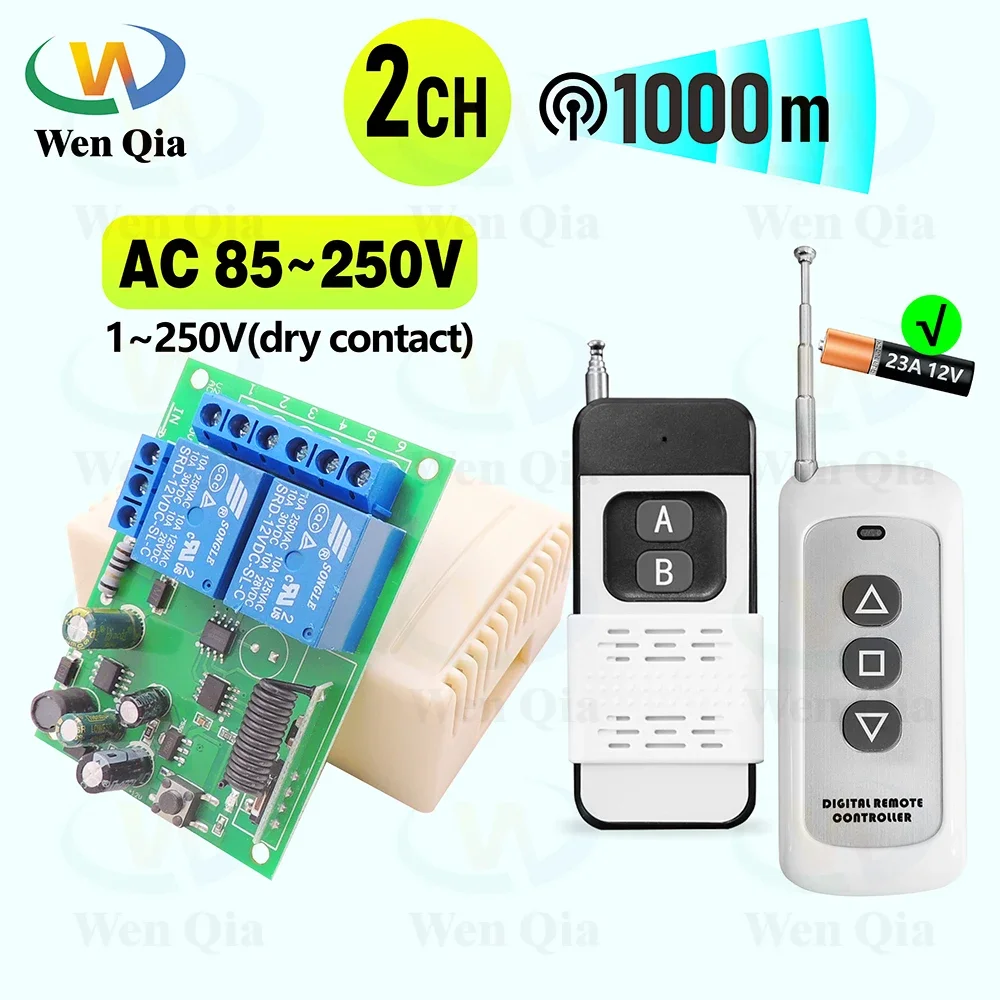 433MHz Wireless Remote Control Switch 2-CH AC 110V 220V Relay Module and 1000m Transmitter for Light/Garage Gate System/Motor