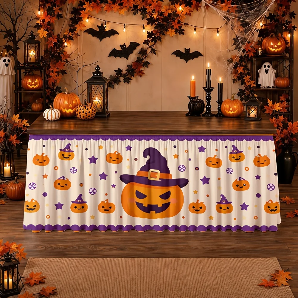 Send a tablecloth and a table skirt 1 piece, Halloween pumpkin witch hat, star confetti, seasonal autumn decoration.