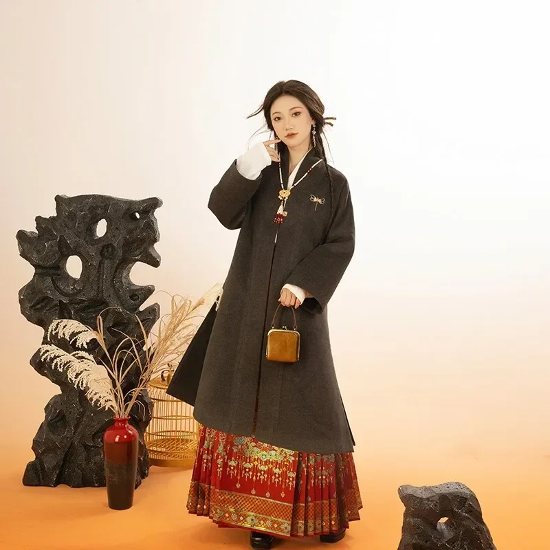 Original Song System Improved Chinese Hanfu Han Element Autumn and Winter Long Gum Embroidery Coat Versatile Hanfu Coat