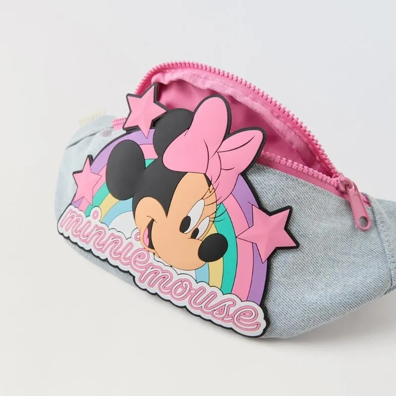 Disney Cartoon Minnie Denim Plastic Headwear Rainbow Girls Chest Bag Fashionable Versatile Crossbody Small Waist Bag