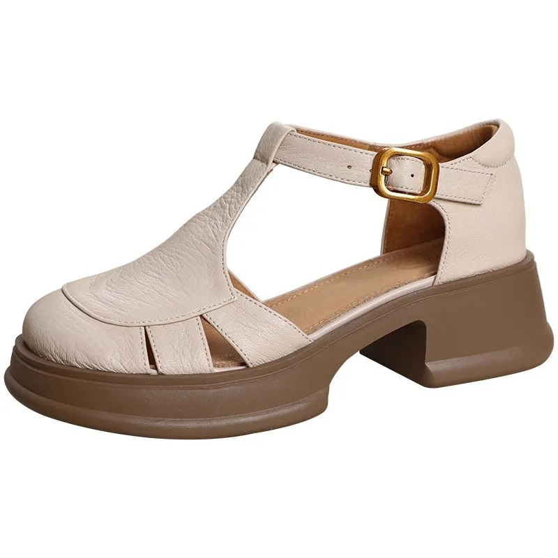 

Thick Soled Thick Heel Women's Sandals Summer Retro Hollow Out T-strap Roman Shoes Walking Comfort Genuine Leather Women Sandal
