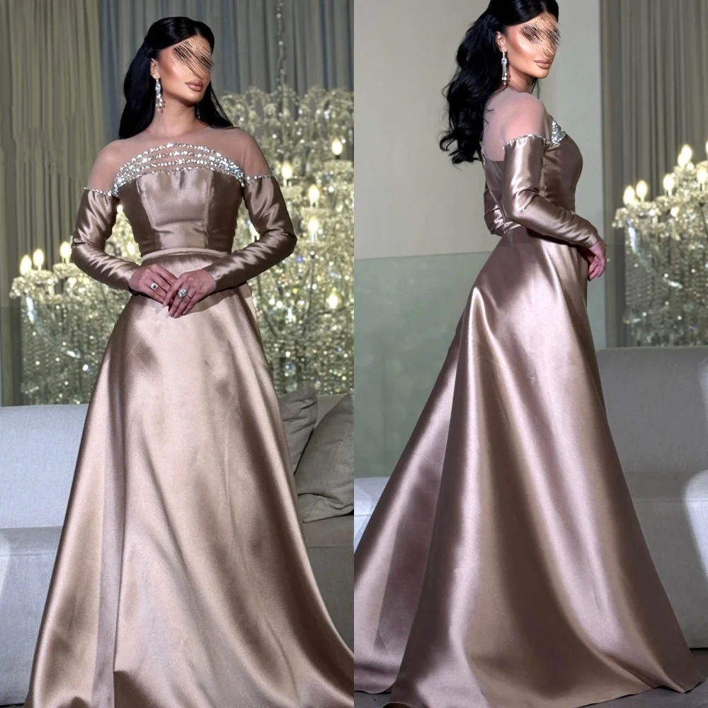 

Customized High Quality Exquisite Charmeuse Rhinestone Pleat A-line Scoop Neck Long Dresses Bespoke Occasion Dresses Matching