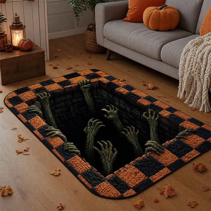 VIKAMA Spooky Pit Zombie Claw 3D Illusion Rectangular Rug Water Absorbent Front Door Halloween Party Area Rug Home Decor