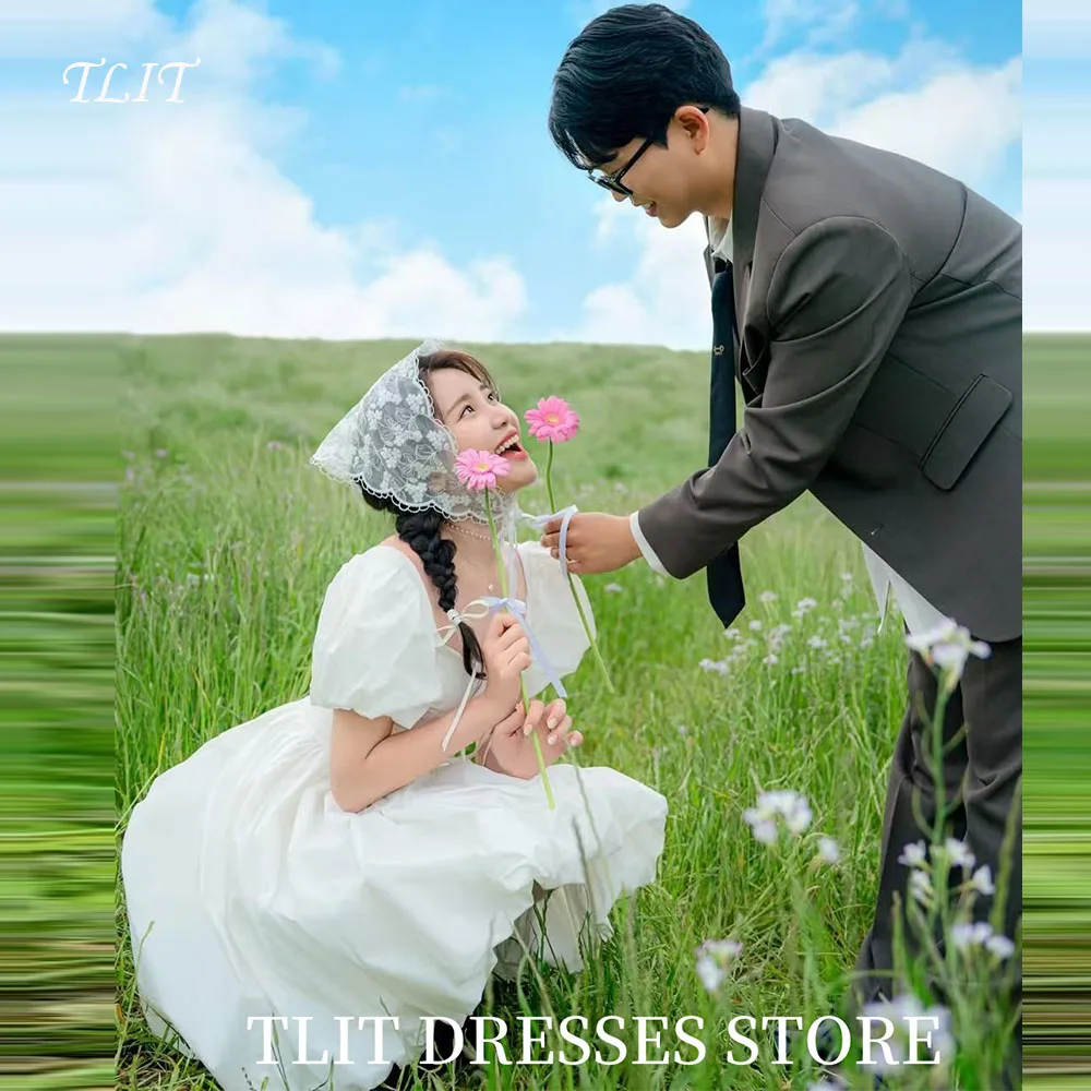 

TLIT Korea Mini Silk Taffeta Wedding Dresses Puff Sleeves Bridal Gown Elegant Photo Shoot Dress Customized Made for Bride