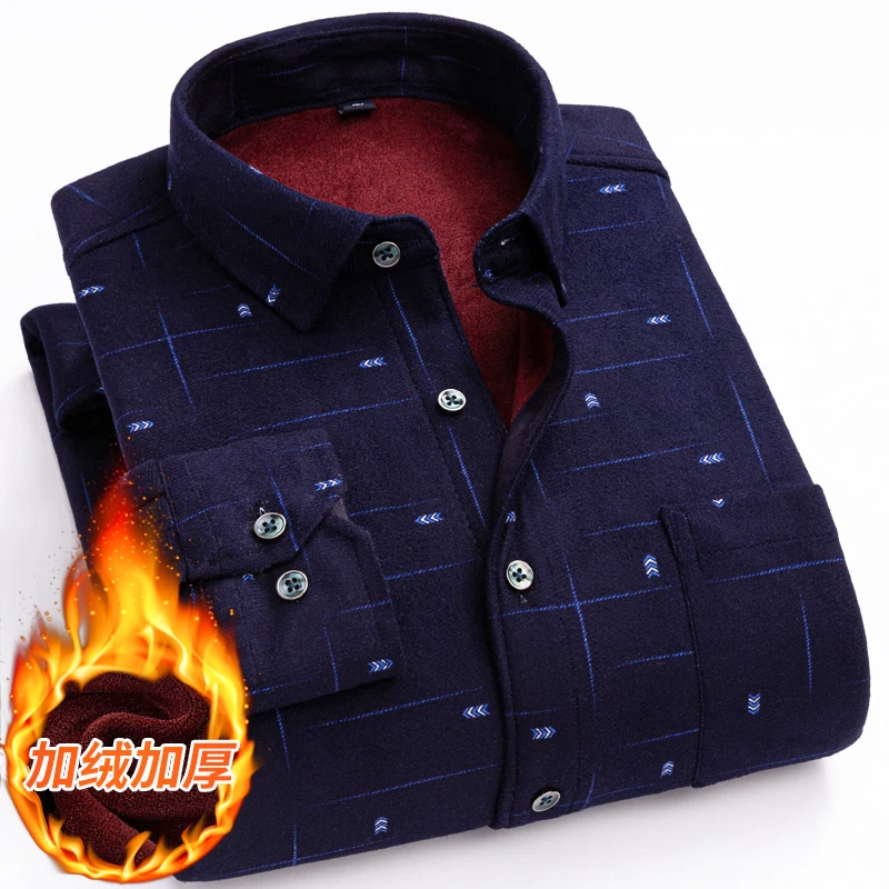 2022 New Winter Men\'s  shirt warm village long-sleeved middle-aged plush thickened club clothes