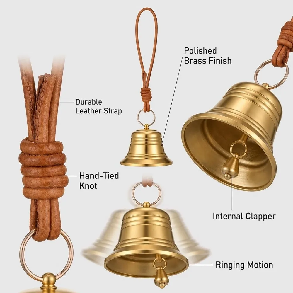 Vintage Gold Hanging Door Bell Clear Ringing Rustic Christmas Bell with Hand Rope Decorative Entrance Bell Yard Entrance