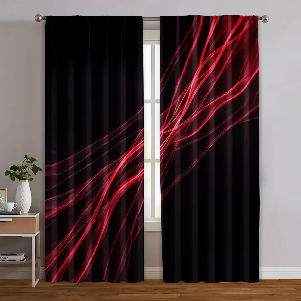 2pcs Abstract Red Light Streaks Print Curtains Modern Black Background Polyester Window Drapes for Living Room Bedroom Decor