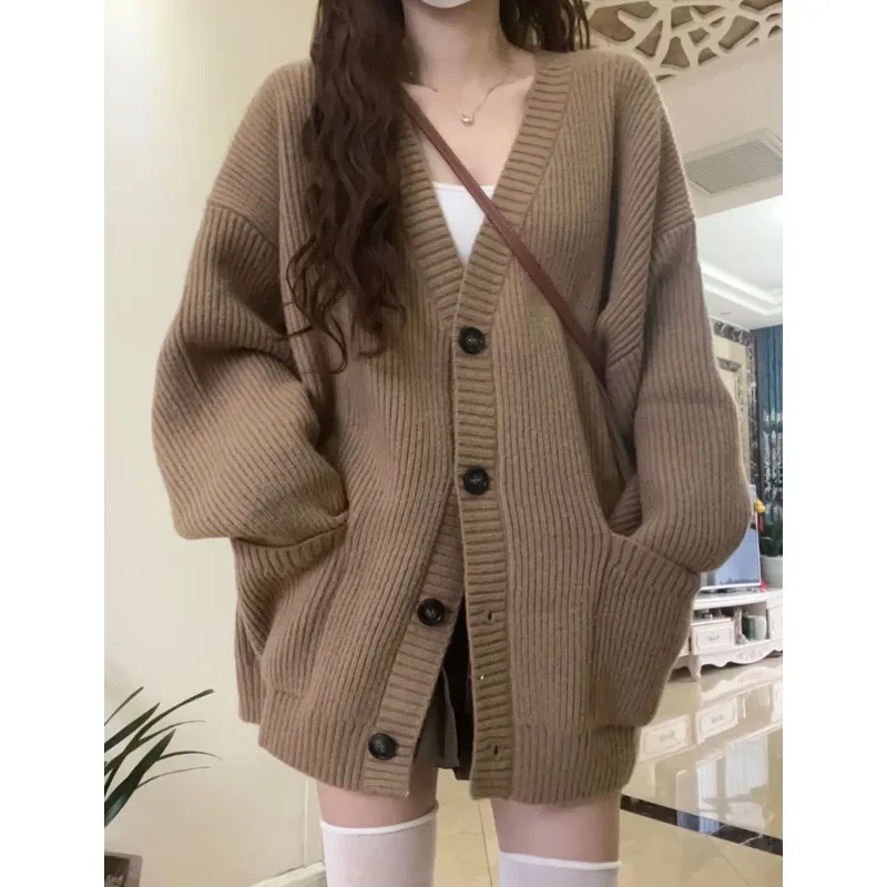 

Korean Simple Solid Color V-neck Single Breasted Women's Knitted Cardigan Autumn Winter New Loose Fit Casual Lady Sweater Coat