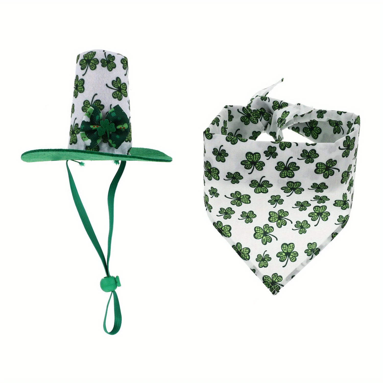 2pcs/Set Festival Dog Hat And Bandana Set, Adjustable Cotton Polyester Pet Costume With Four-Leaf Clover Print For Small, Medium