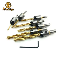 Krechtige-Juego de brocas avellanadoras de titanio, 7 piezas, 3, 4, 5, 6, 7, 8, 10 Mm, Hss, 5 flauta, Chaflán de carpintería + llave tipo L