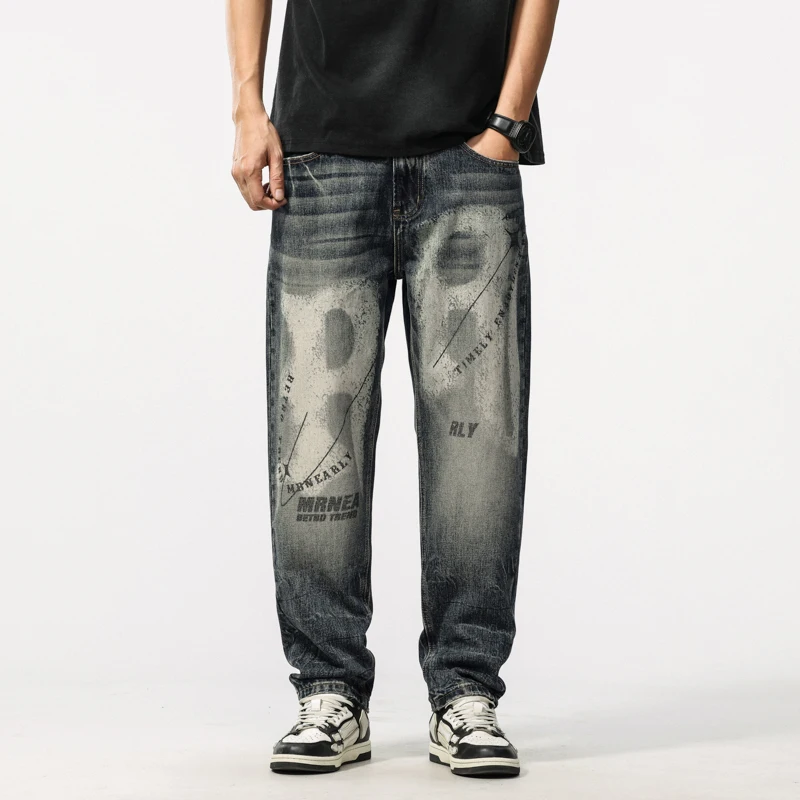 

BYCL904 High Street New Tide Retro Loose Fashion Cone Printed Heavy Craft Washed Trendy Men's Jeans Trousers