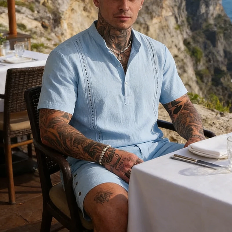 Vintage Short Sleeve Two Piece Mens Linen Suits Spring Summer Daily Leisure Solid Color Polo Shirt And Shorts Sets Mens Outfits