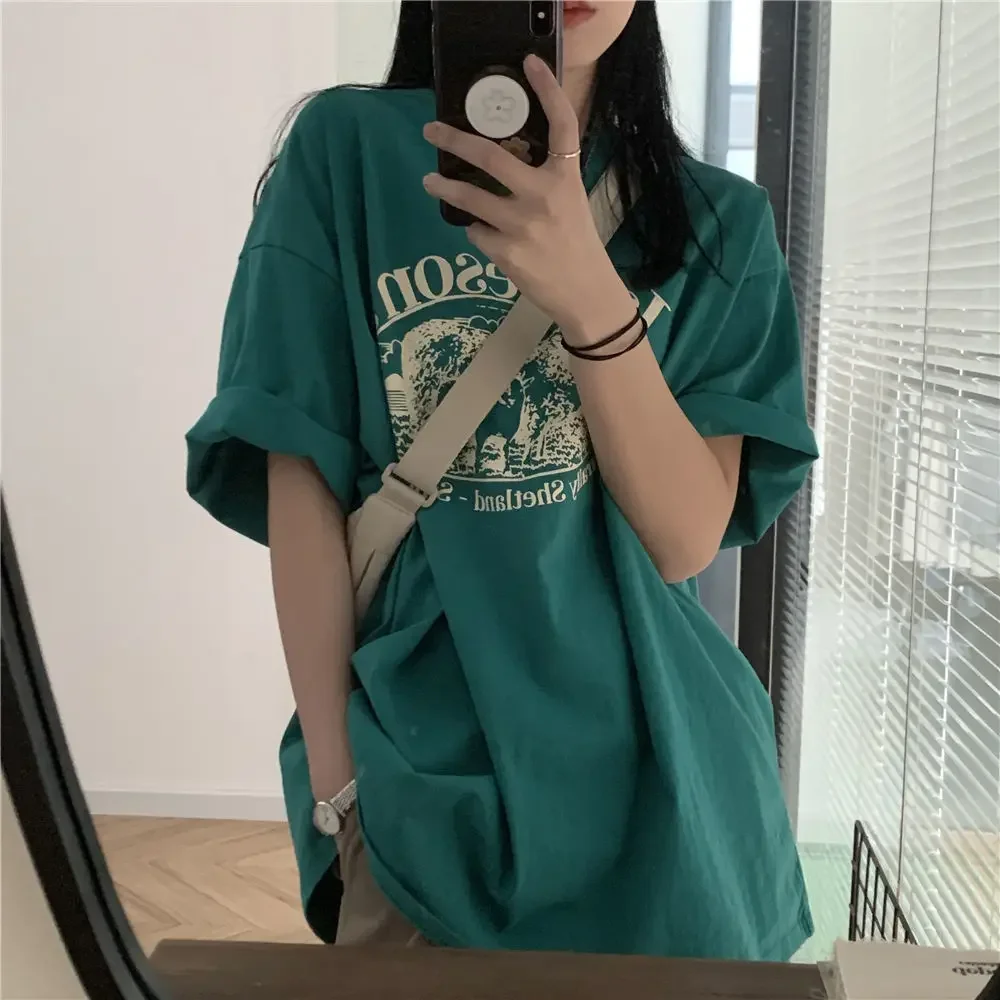 Loose Cotton Short Sleeve T-Shirt Women's Style Lazy Fashion Design Half Sleeve Body Shirt Summer Season Round Neck Plant Floral