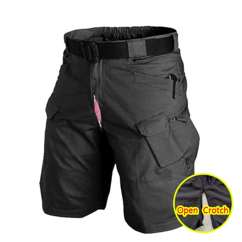 

Men Open Crotch Pants Trainning Dry Cargo Shorts with Hidden Zipper Multi-pockets Exercise Mini Outdoor Crotchless Clubwear Gay