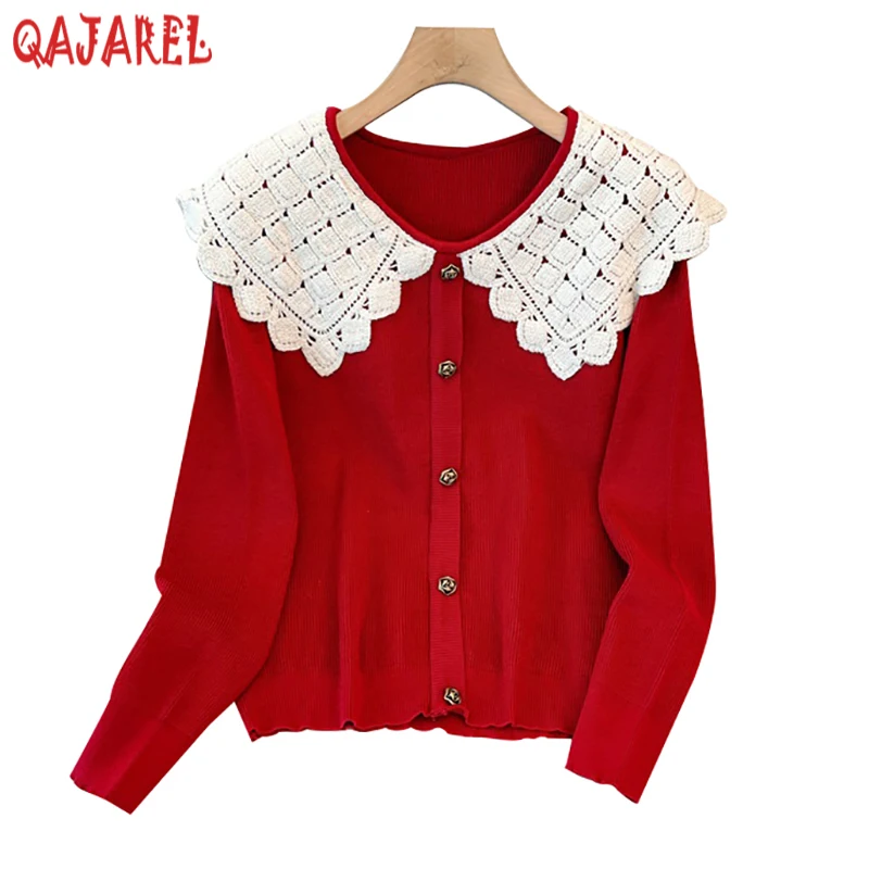 Women Red Knitted Woolen Lace Doll Collar Pullovers Autumn Winter Thick Warm Sweaters 2024 Black Korean Elegant Loose Sweaters