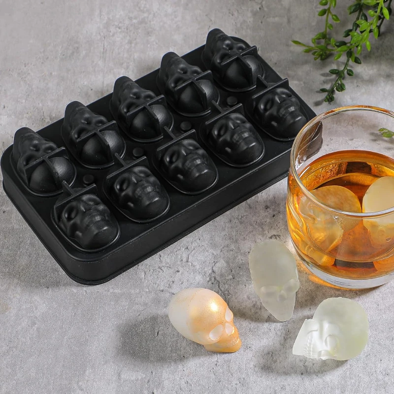 Eiswürfelform mit Totenkopfkopf-Motiv, 10 Mulden, mit Trichter, Eisform zum Kühlen von Whiskygetränken, 3D-Schädel-Silikonform zum Backen von Halloween – Detail 3