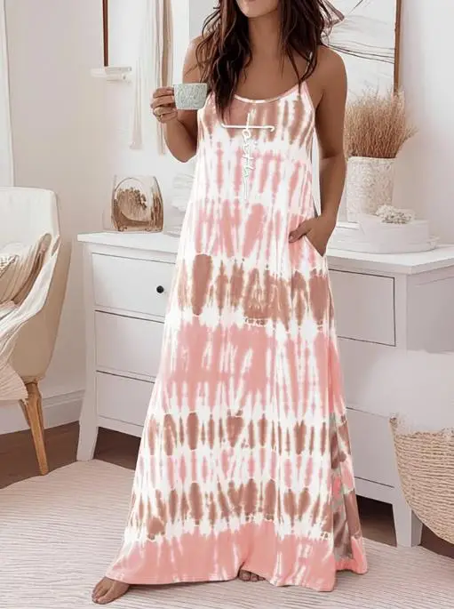 เดรสยาวผู้หญิงลายพิมพ์ไท-ได้ ตัวอักษร New Faith คอทรงยู สายเดี่ยวปรับได้ ทรงหลวม เปิดหลัง สไตล์ลำลอง