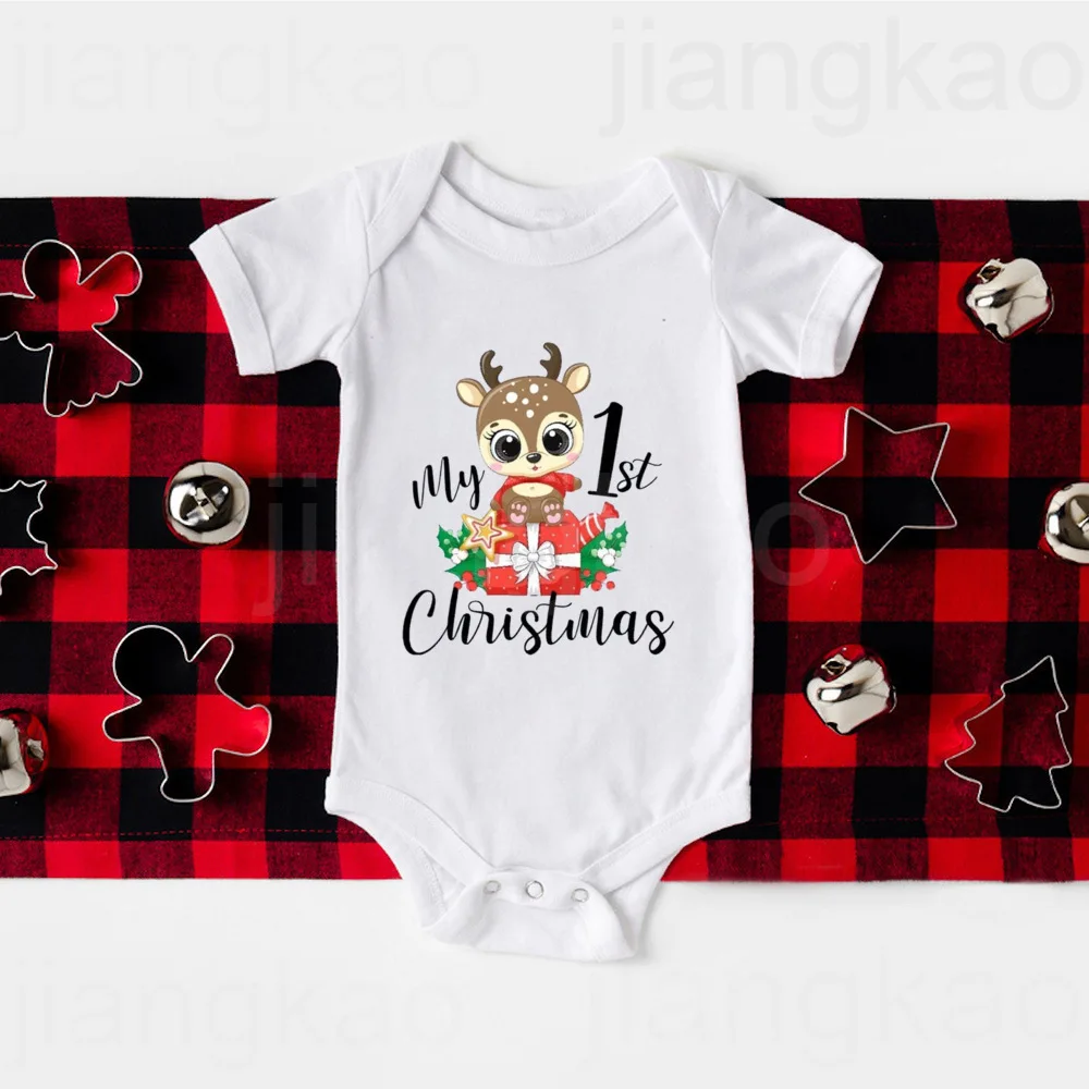 It\'s My 1st Christmas Deer Printed Baby Romper Deer Newborn Bodysuit Boys Girls Short Sleeve Jumpsuit Xmas Party Infant Clothes