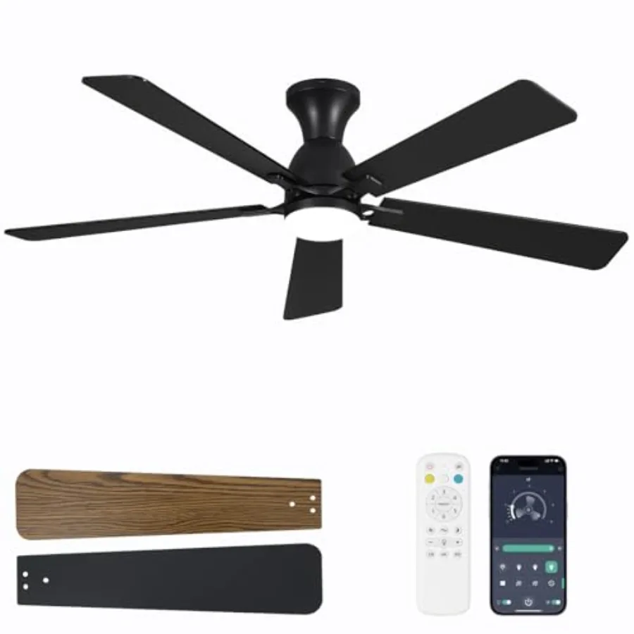 Ceiling fan with light for bedroom and living room, black metal flush mount, 60-inch low profile, reversible, quiet, dimmable L